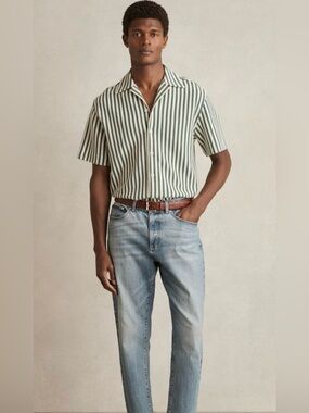 NWOT REISS Trig Textured Stripe Cuban-Collar Shirt in Green/White L